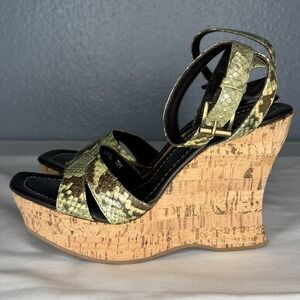 Donald J Pliner Couture Women 7 Strappy Cork Wedge Sandal Leather Snake Green